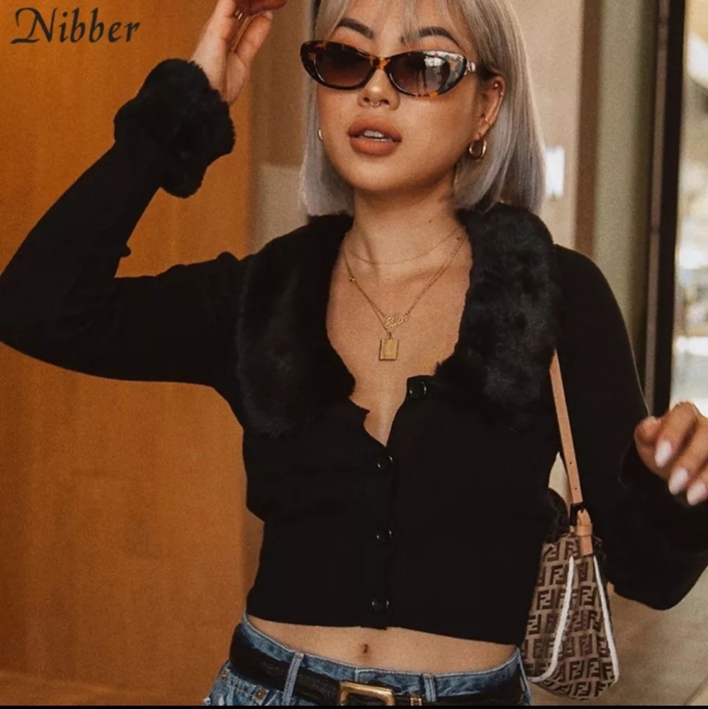autumn solid black stretch Slim  knitting crop top